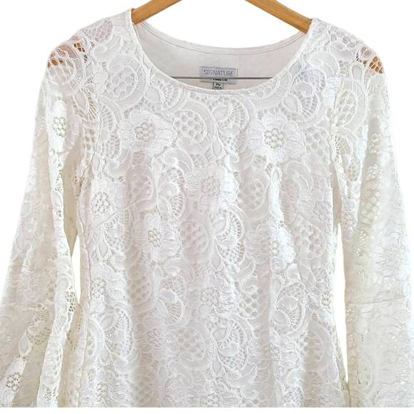 Signature by Robbie Bee Lace 3/4 Bell-Sleeve Sheath Dress -Ivory - Size Petite M - Picture 5 of 9